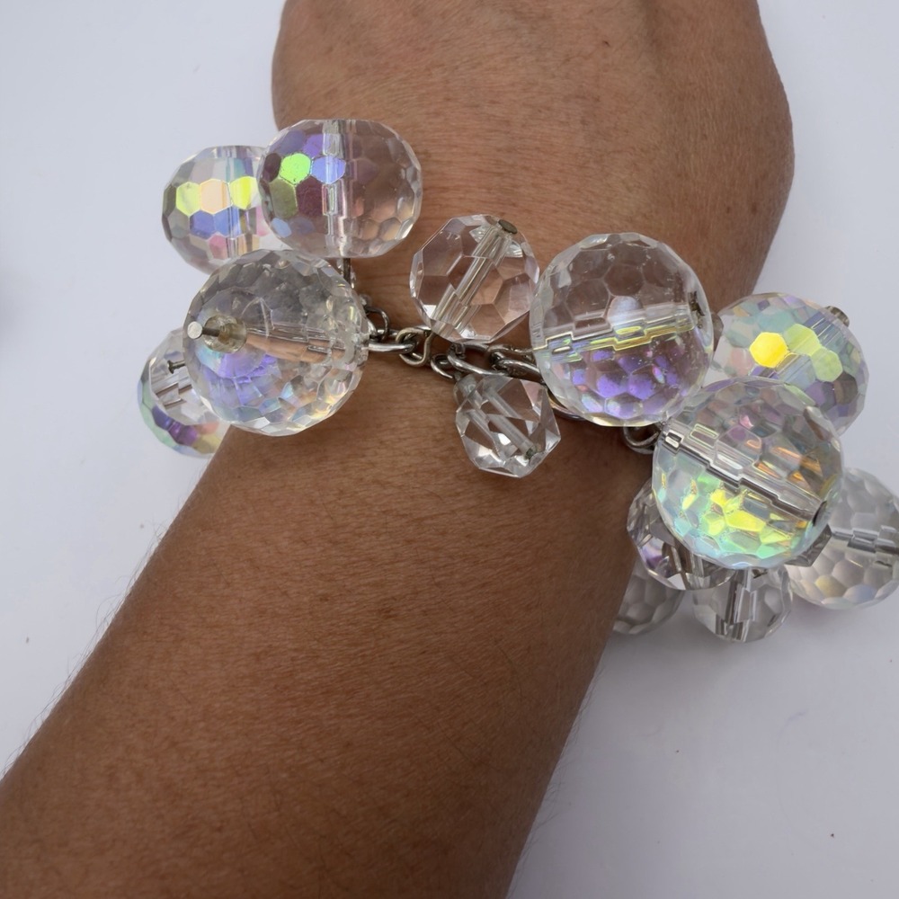 Vtg AB Crystal Charm Bracelet Huge Beads 20mm Heavy Statement 7.45" 136 Grams